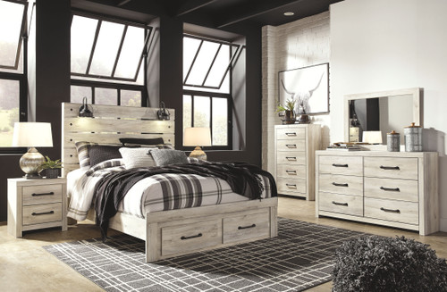 Cambeck Whitewash 6 Pc. Dresser, Mirror, Chest & Queen Panel Bed with Storage