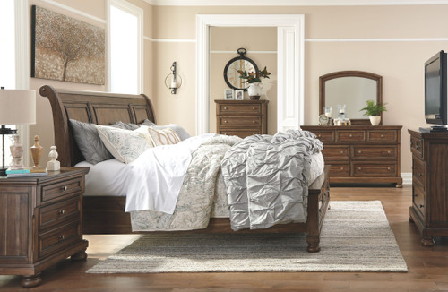 Flynnter Medium Brown 5 Pc. Dresser, Mirror & California King Sleigh Bed with Storage