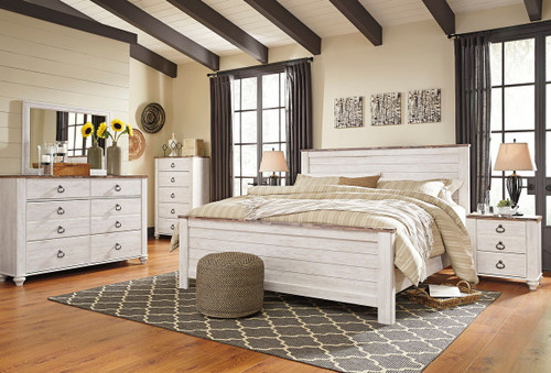 Willowton Whitewash 6 Pc. Dresser, Mirror, Chest & King Panel Bed