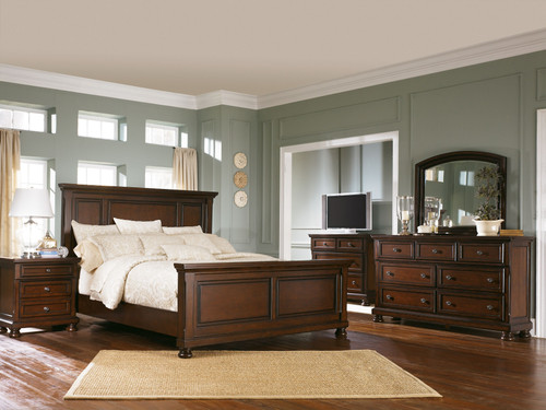 Porter Rustic Brown 7 Pc. Dresser, Mirror, Media Chest, King Panel Bed & Nightstand