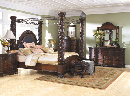 North Shore Dark Brown 10 Pc. Dresser, Mirror, Chest, California King Poster Bed with Canopy, 2 Nightstands