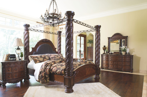 North Shore Dark Brown 8 Pc. Dresser, Mirror, Chest, King Poster Bed with Canopy