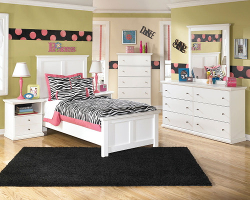 Bostwick Shoals White Dresser, Mirror, Chest & Twin Panel Bed
