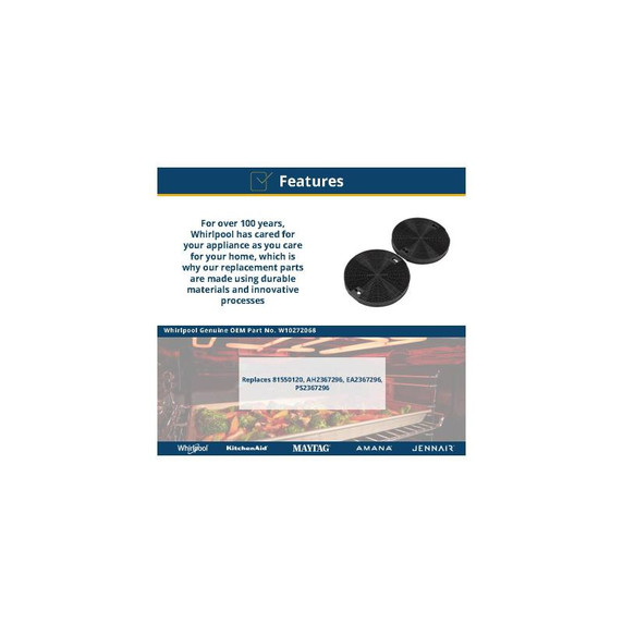Range Hood Replacement Charcoal Filter, 2-Pack W10272068