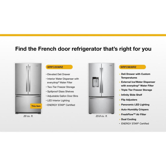 Whirlpool® 36-Inch Wide Counter-Depth French Door Bottom Mount Refrigerator - 20 cu. ft. WRFC2036RB