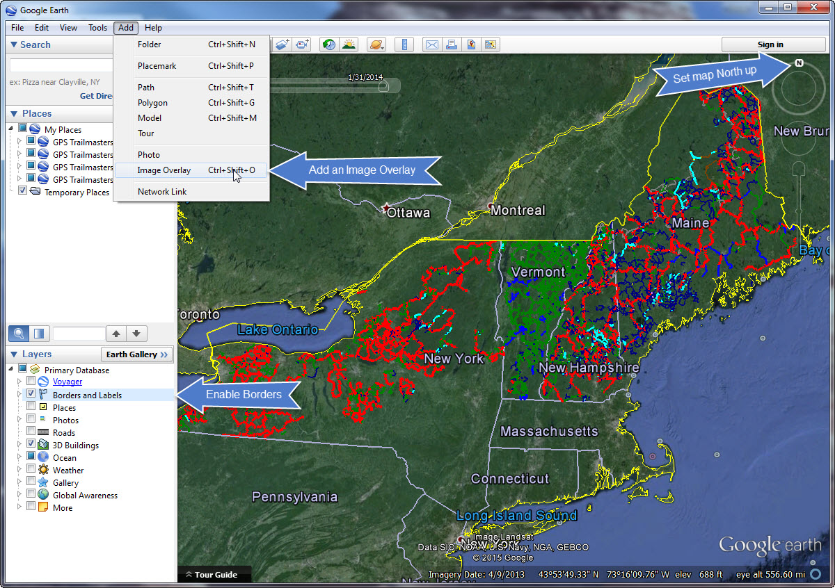 Enable borders and add an image overlay in Google Earth