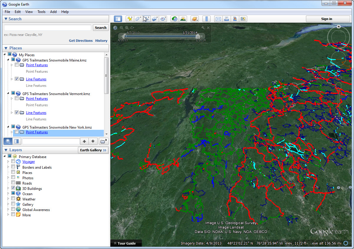 Snowmobile trail map point and feature layers