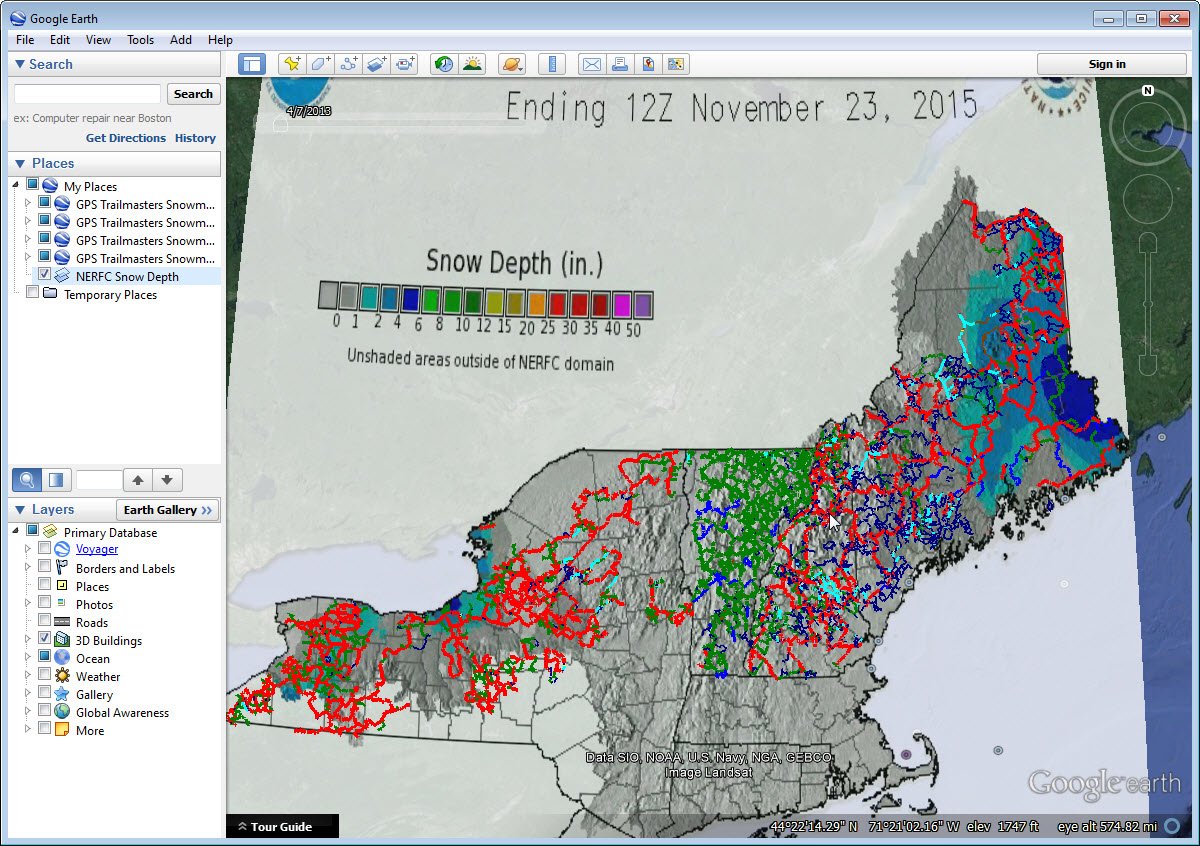 A georeferenced snow depth map overlaid with snowmobile trails