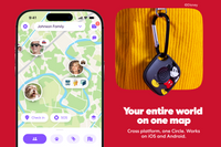 Life360 app map screen showing family members' and a dog's live locations, next to a black Mickey Mouse-themed Life360 Tile tracker clipped to a yellow corduroy jacket. Text: Your entire world on one map. Cross platform, one Circle. Works on iOS and Android.