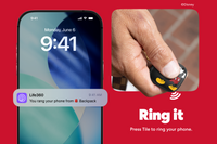 Phone lock screen with notification reading 'Life360: You rang your phone from Backpack,' next to a hand pressing a Mickey Mouse-themed Life360 Tile tracker. Text: Ring it. Press Tile to ring your phone.