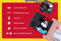 Black Minnie Mouse-themed Life360 Tile tracker attached to a keyring and Minnie Mouse Slim tucked into a wallet. Feature list: 3-year battery life, 350ft Bluetooth range, loud ring, water resistant, works with Life360, use with iOS and Android.