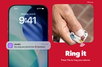Phone lock screen with notification reading 'Life360: You rang your phone from Backpack,' next to a hand pressing a Mickey and Minnie Mouse-themed Life360 Tile tracker. Text: Ring it. Press Tile to ring your phone.
