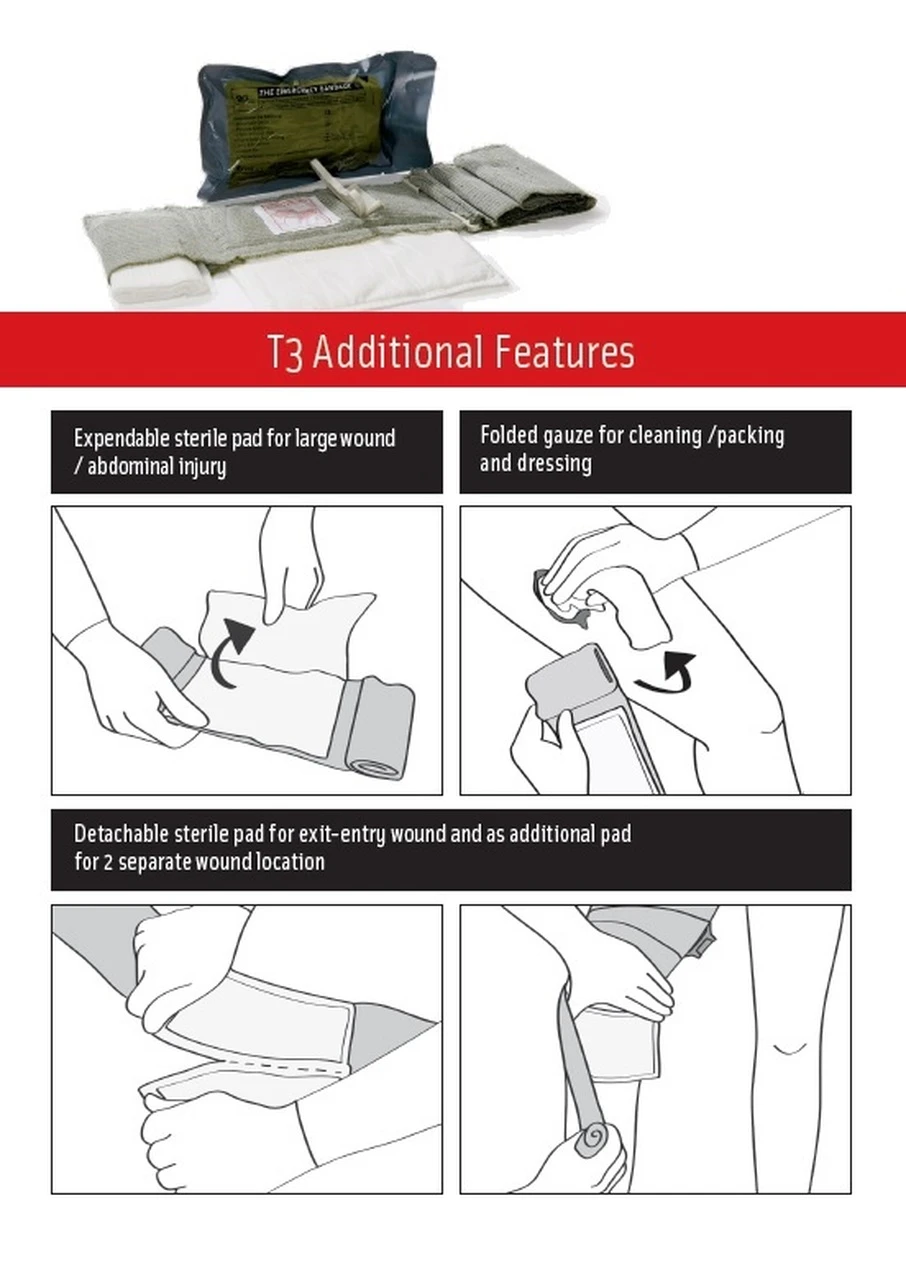 The T3 Aditional Features
 Israeli T3  Military Tactical Trauma  Wound Dressing w extra pad (10cm x 17cm)