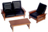 Black Leather Sofa, Chair  and Table  - Walnut