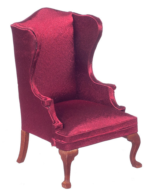 Wing Chair Burgundy and Walnut Dollhouse City