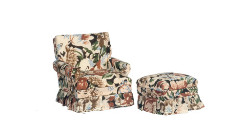 Brown Floral Chair and Ottoman - Walnut