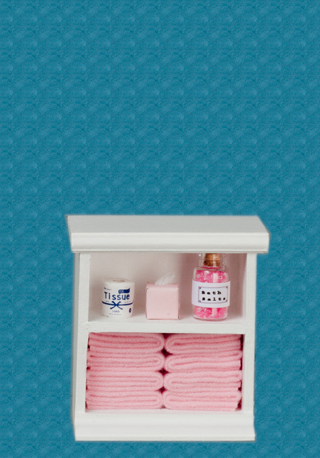 Dollhouse Miniature Wood Bathroom Linen Cupboard Cabinet Filled in Pink SH0011 