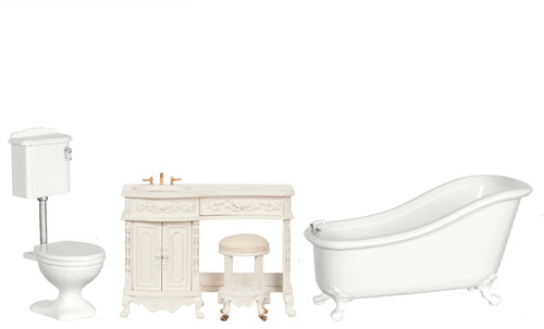 Dollhouse Miniature Porcelain Bathroom Set 4 Pcs in White with Top Flush  B5208