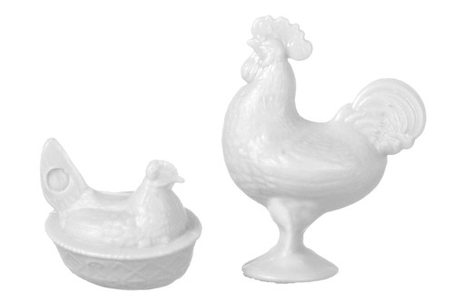 Rooster and Nesting Hen - White