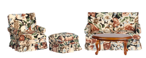Brown Floral Living Room Set  - Walnut