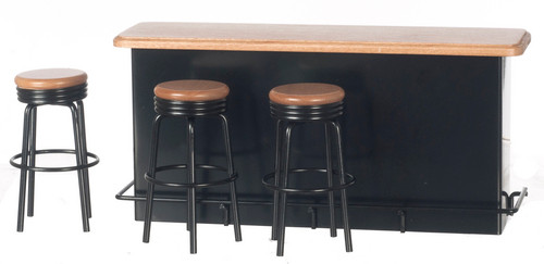 1950's Counter with Stools - Black and Oak