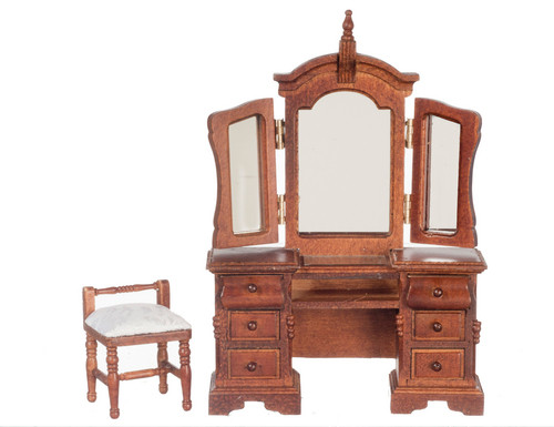 Vanity with Mirror and Stool - Walnut