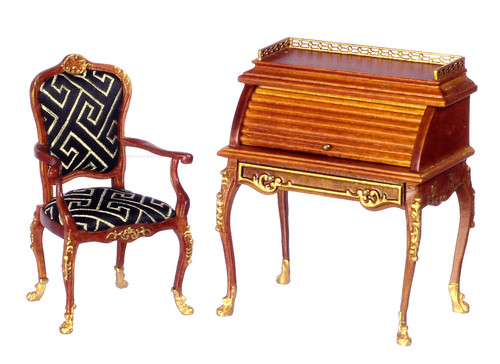 Rolltop Desk Set with Gold Trimpt - Walnut