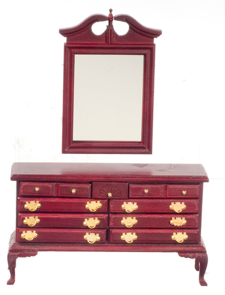 Dollhouse City - Dollhouse Miniatures Dresser with Mirror- Mahogany