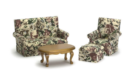 Brown Floral Living Room Set  - Walnut