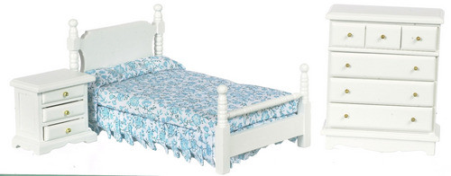 Dollhouse Bed Set - Blue Floral and White