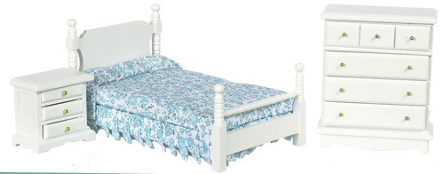 Dollhouse Bed Set - Blue Floral and White