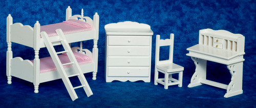 Bunk Bed Set with Pink Fabric - White