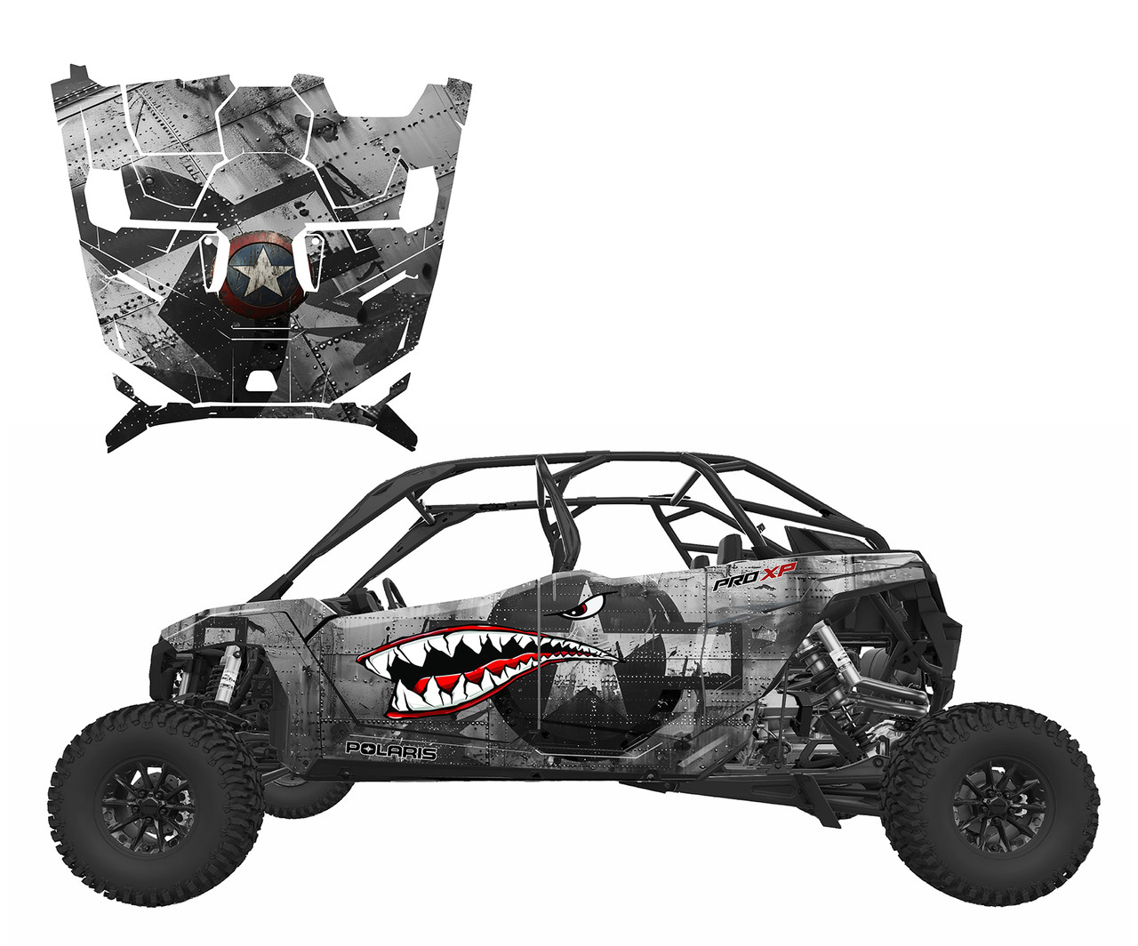 2025-26 Polaris Pro R4, S4 graphic decal wrap kit with Warhawk Shark design