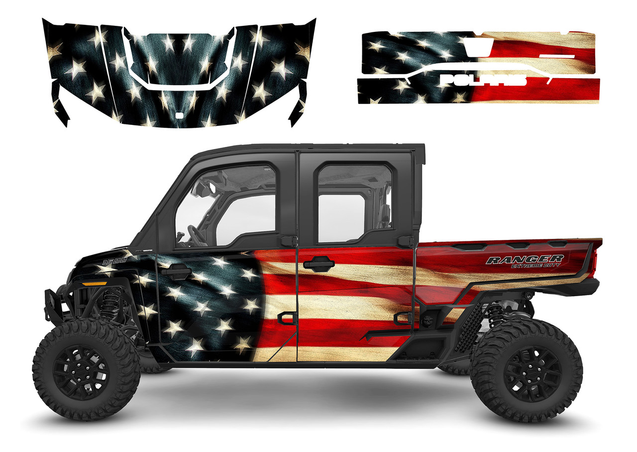 Polaris Ranger Crew 1500XD graphic decal wrap kit with Tattered Flag