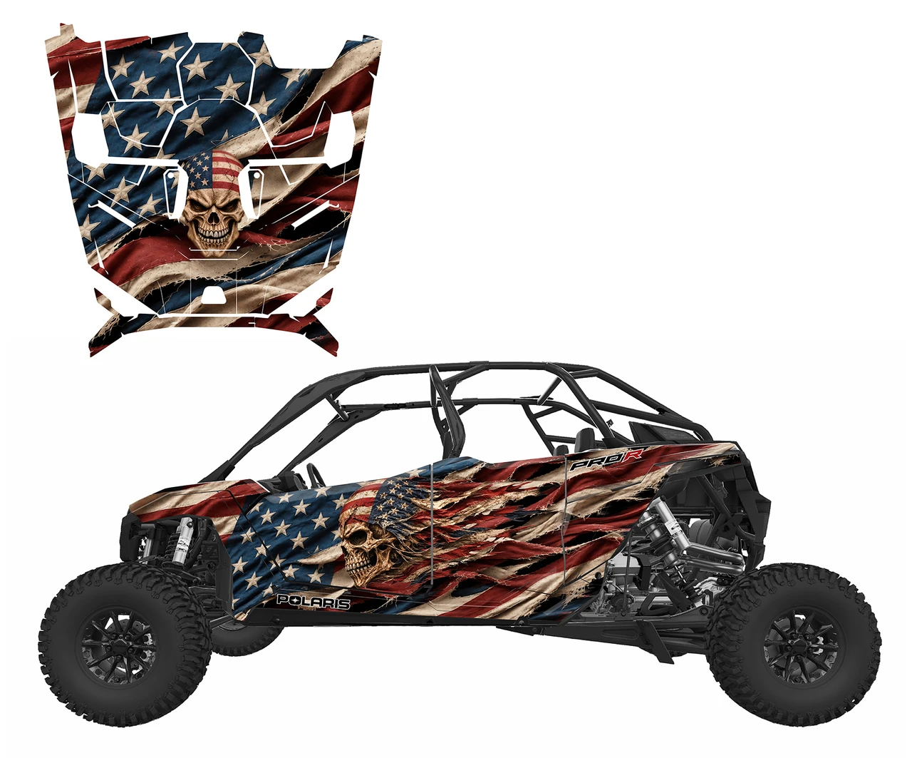 2025-26 Polaris Pro R4, S4 graphic decal wrap kit Tattered Skull with Flag