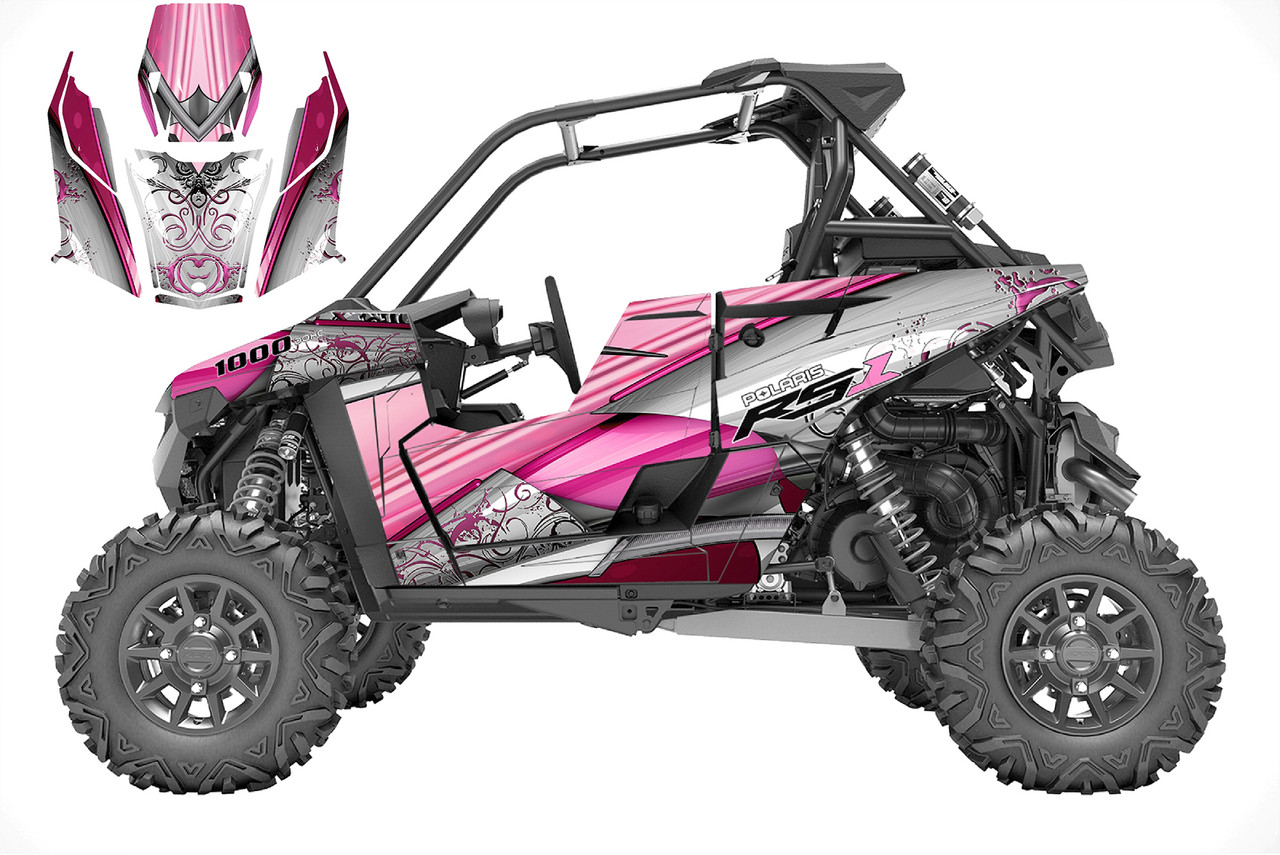 Pink Polaris RZR RS1 utv wrap kit designed by allmotorgraphics.biz