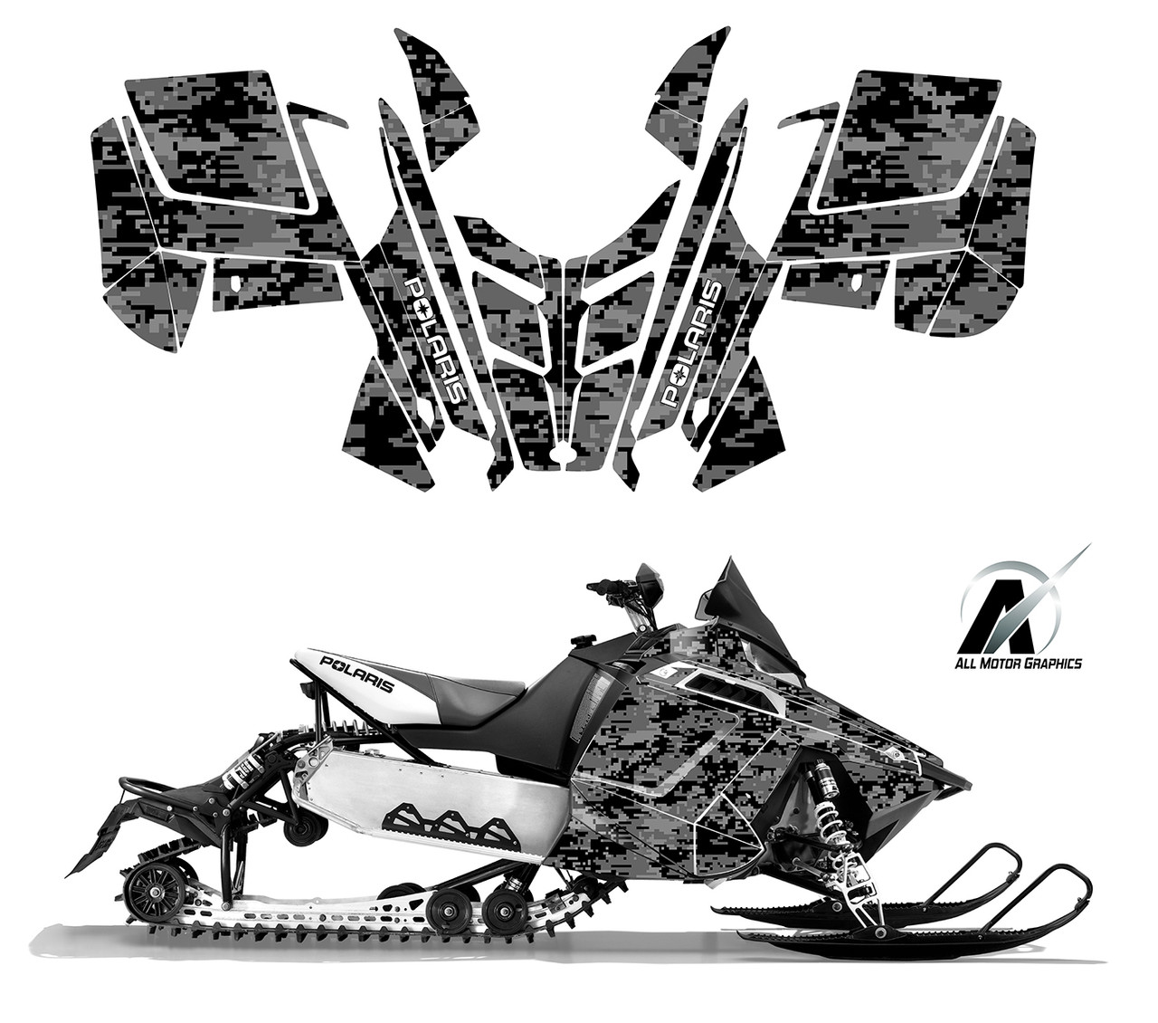 Black digital camo wrap graphic kit for Polaris Pro R RMK snowmobile 2014