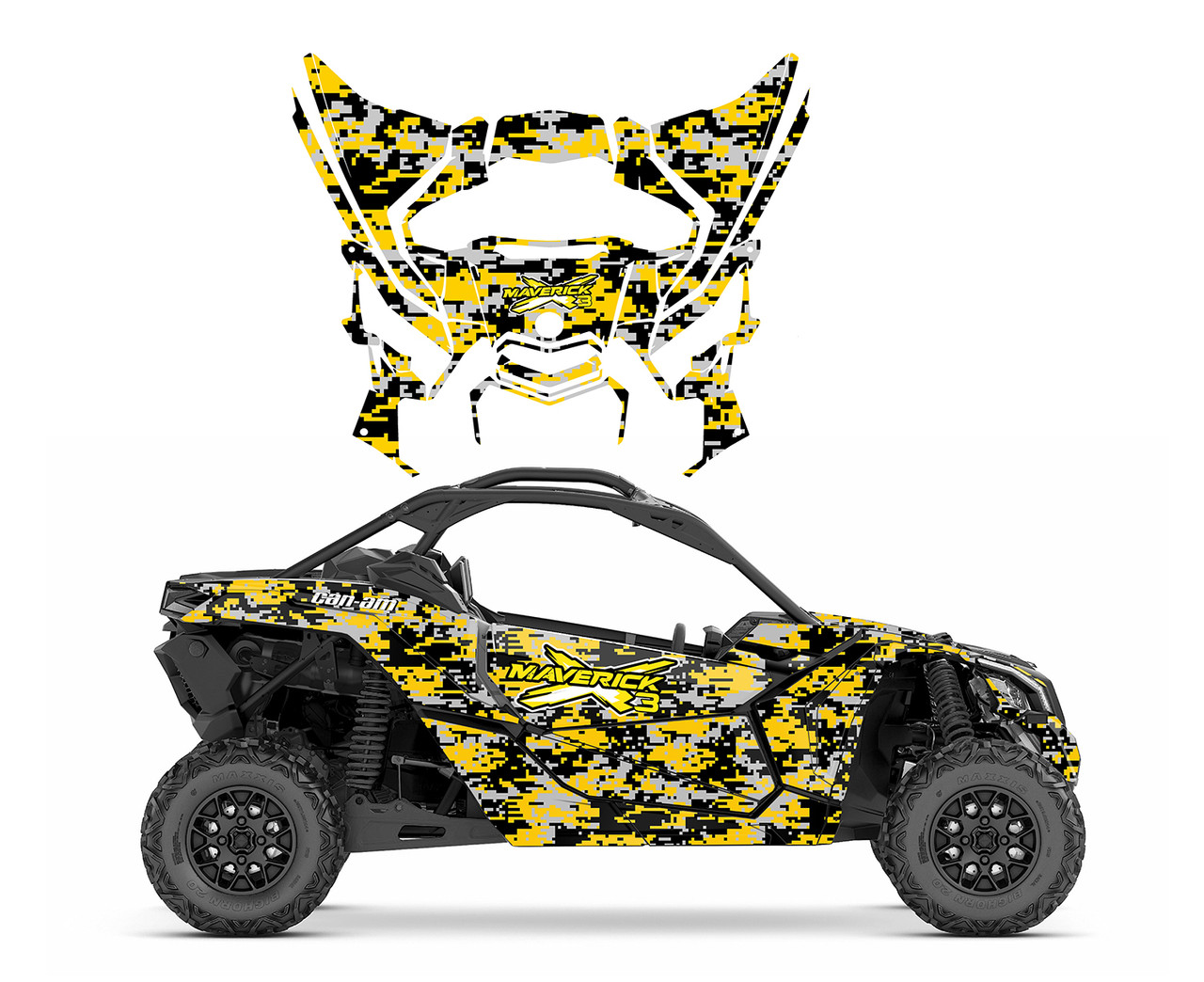 Can am Maverick X3 wrap graphic kit with Yellow Digital Camo Design