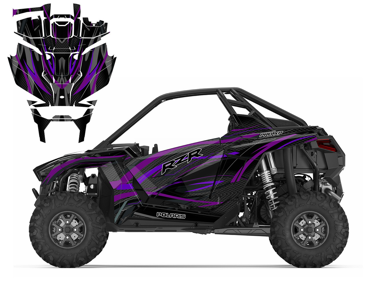 Polaris RZR Pro XP full coverage graphics wrap kit designed for racing design V1001 purple charcoal