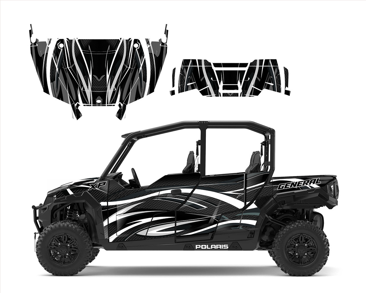 Polaris GENERAL XP 4 1000, Delux and Premium graphics decal kit design V1001 black white