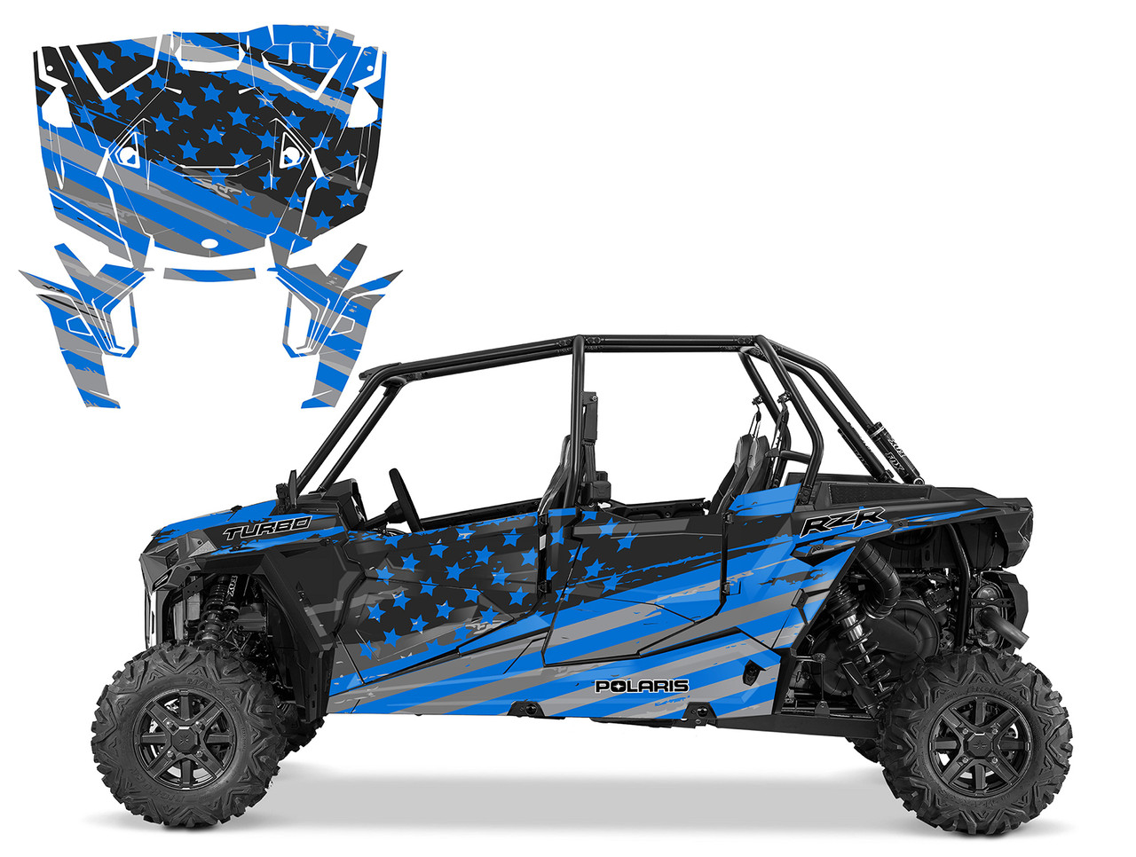 Blue Speeding American Flag wrap graphics for RZR4 Turbo S or Turbo XP