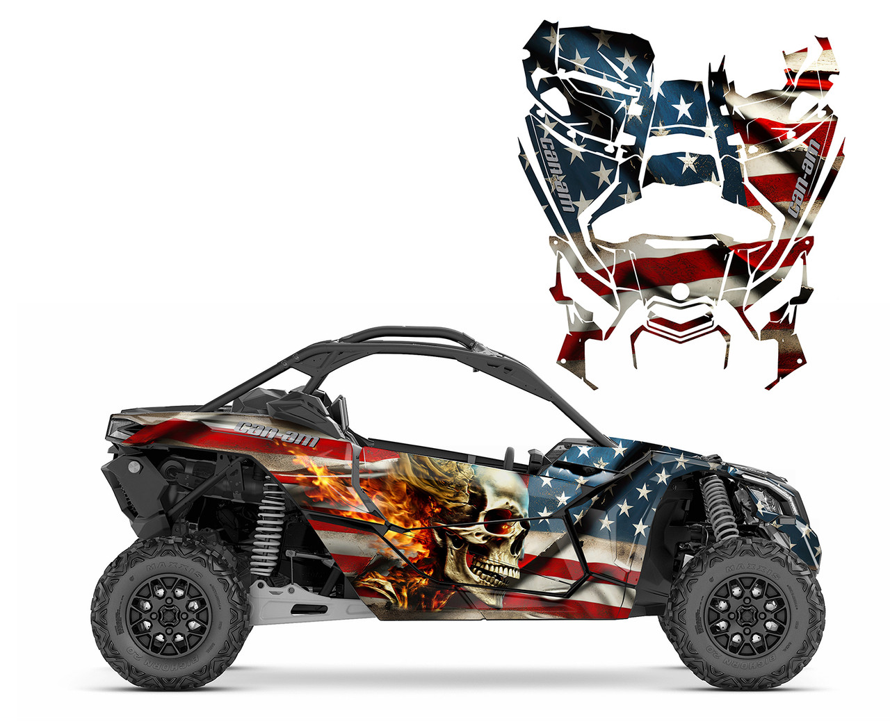 Can am X3 graphics wrap kit with flag and skull on fire