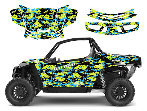 2022 Wildcat XX offroad graphics wrap kit with digital camo blue, green and black