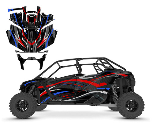 2022 RZR Pro R 4 custom graphic wrap kit with blue red gray on black carbon fiber mesh