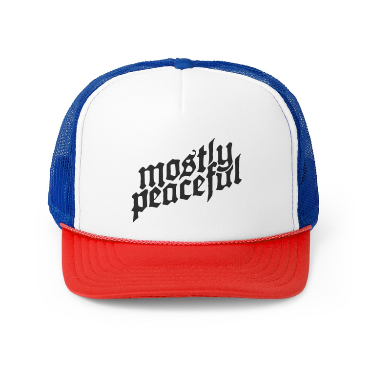 Mostly Peaceful Tattoo Medieval Lettering Trucker Caps