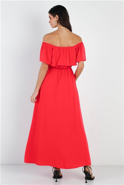 open lace back dress Red Satin Off The Shoulder Crossover Gown main image 0