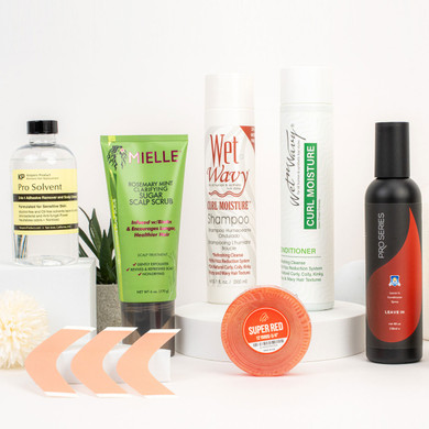 Kit estándar para prótesis capilar base Poly: cinta Super Blue, solvente KP Pro, removedor y exfoliante Mielle