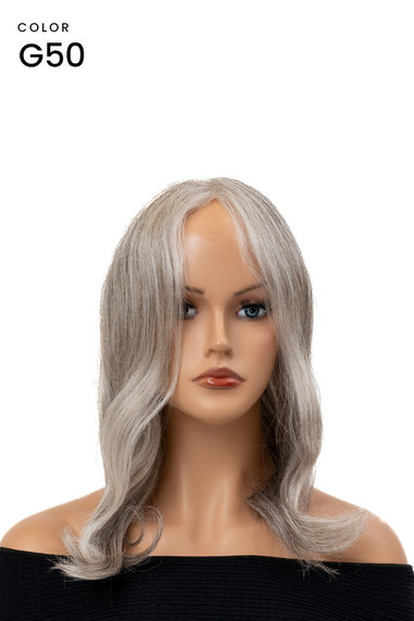 Prótesis capilar S6816 para mujer con base de piel y doble capa de tul color gris.