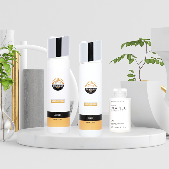 Set de regalo Olaplex No.3 Hair Perfector y Sunshine Shampoo + Conditioner para reparar, limpiar e hidratar el cabello