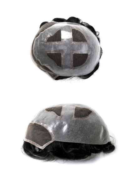 M154 - Prótesis capilar masculina con base de micropiel, zona superior con ventanas de tul francés y frontal de tul francés
